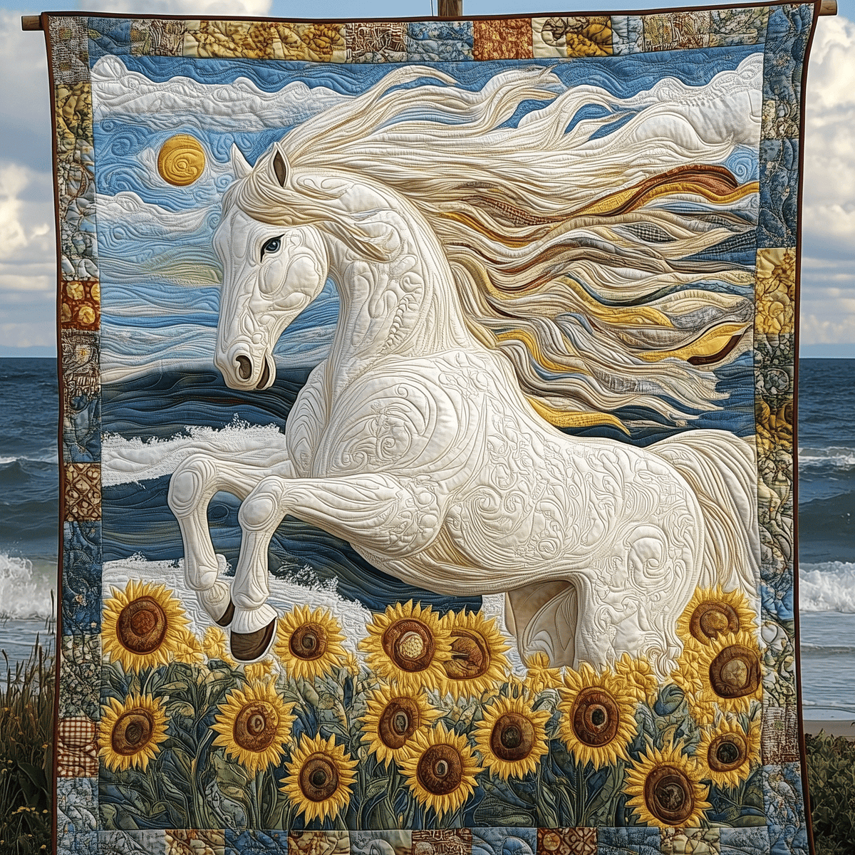 Elfenbeinpferd mit Sonnenblumen Kunst Wandbehang