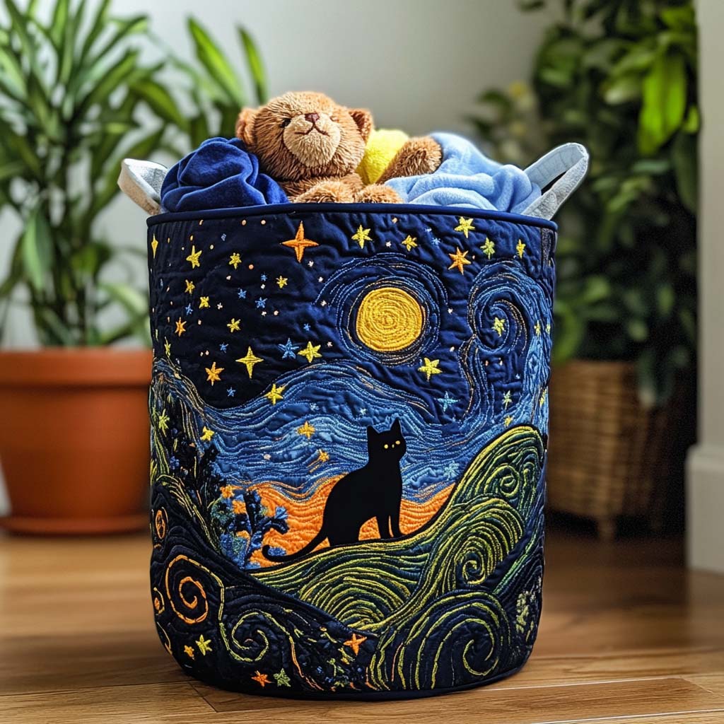 Schwarze Katze in Sternennacht Wäschekorb