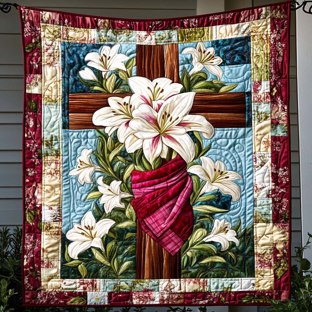 Weisse Lilie und Kreuz Kunst Wandbehang