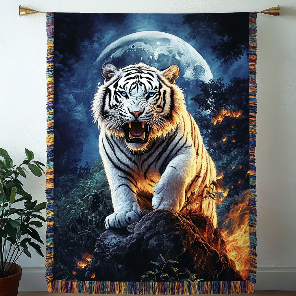 Weisser Tiger Vollmond Gewebt Sofadecke