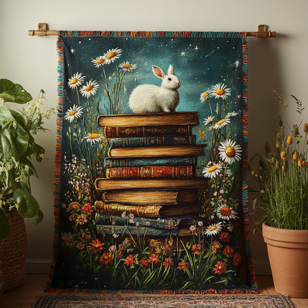 Weisser Hase Bücherstapel Gewebt Sofadecke