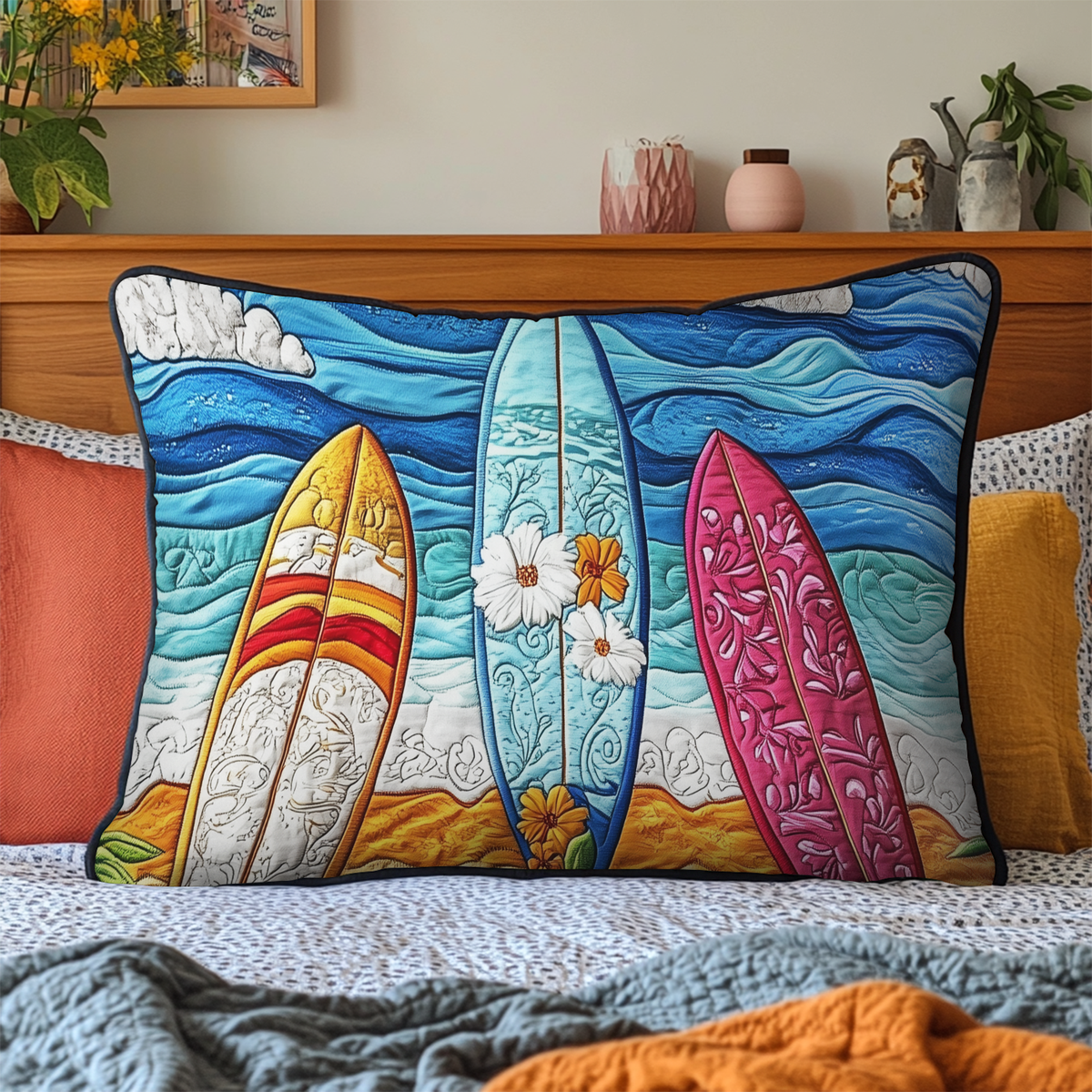 Bunte Surfbretter Blüten Kissenbezug