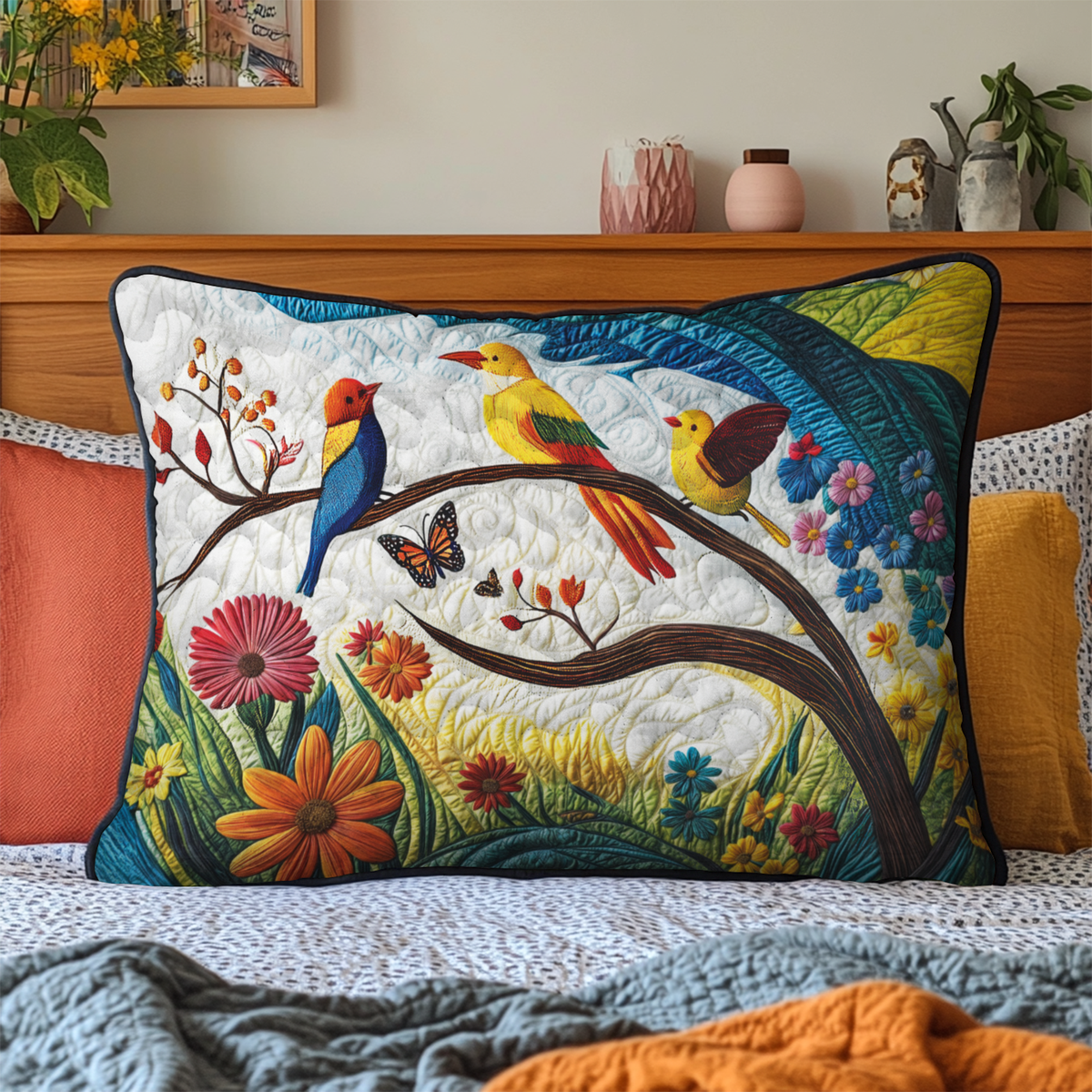 Bunte Vögel Blütenzweig Kissenbezug