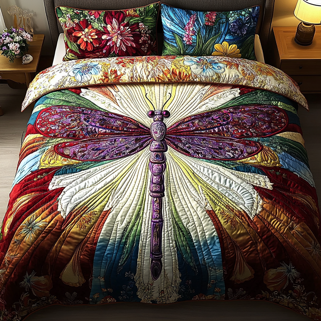 Bunte Libelle Patchwork 3-teiliges Bettwäsche-Set