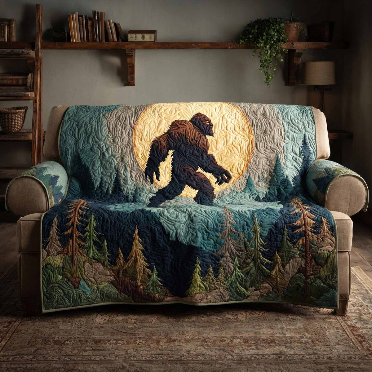Bigfoot Lagerfeuer Mondnacht Sofaüberwurf