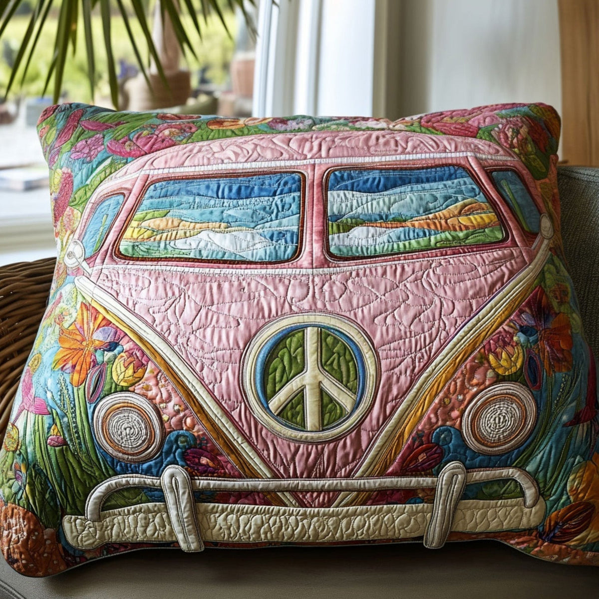Rosa Hippiebus Landschaft Kissenbezug