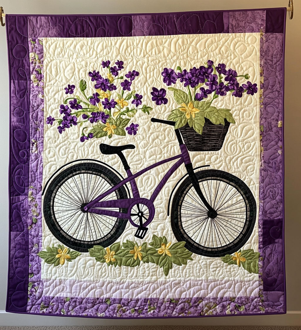 Fahrrad mit Veilchenstrauss Kunst Wandbehang