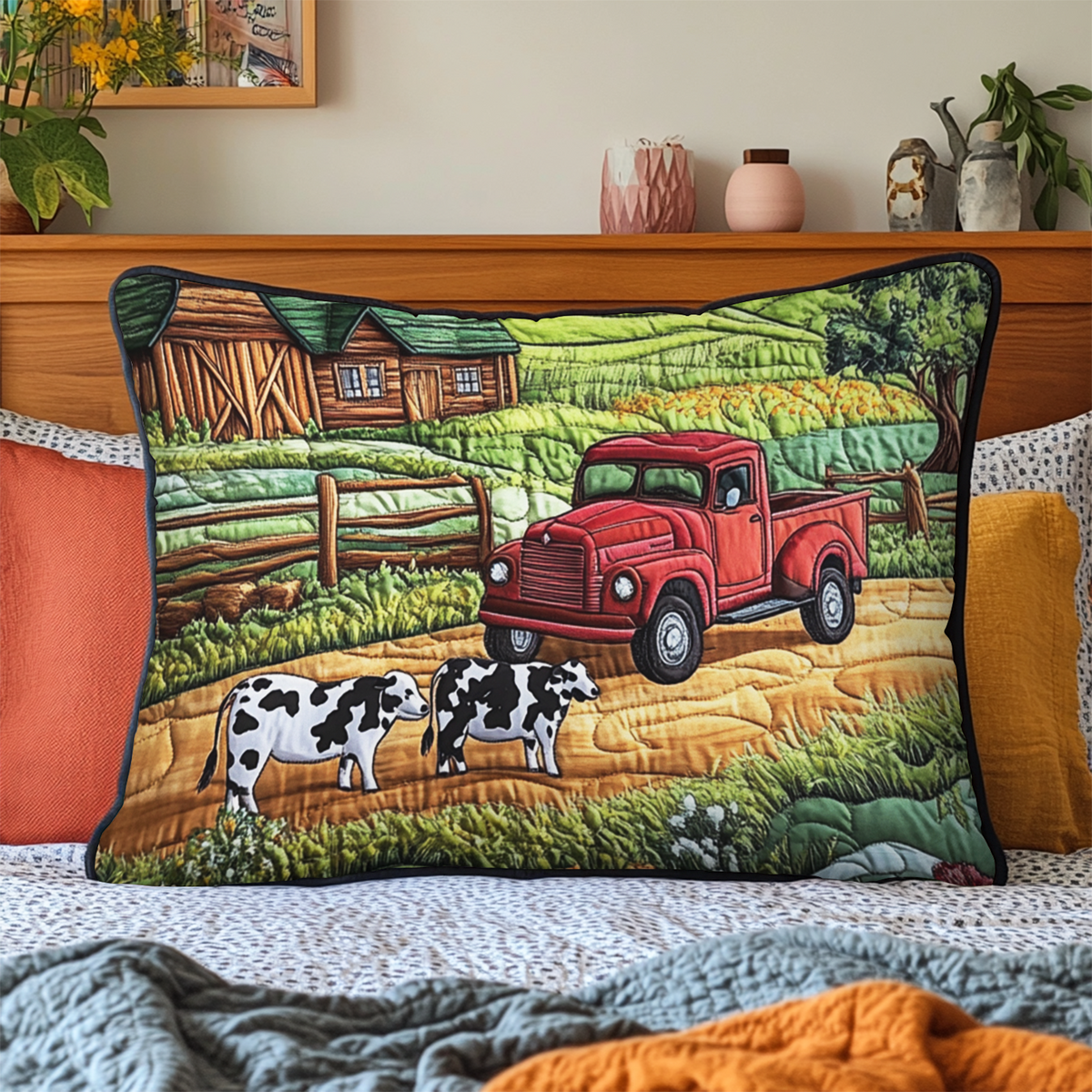 Roter Pickup Kühe Bauernhof Kissenbezug