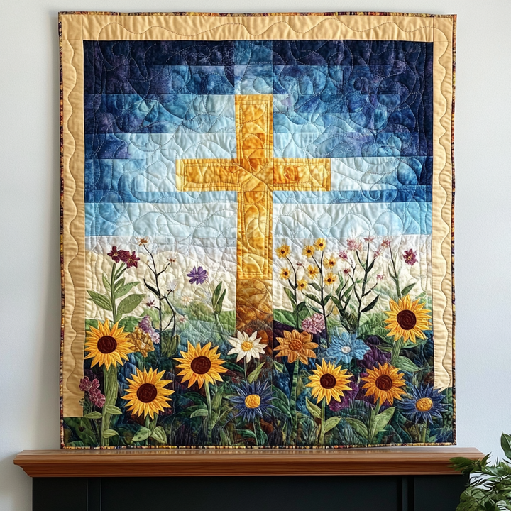 Sonnenblumenkreuz in Blumenwiese Kunst Hängend