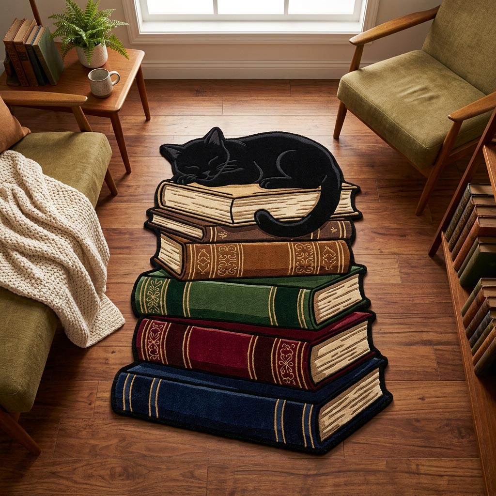 Schwarze Katze Bücherstapel Sonderform Decke
