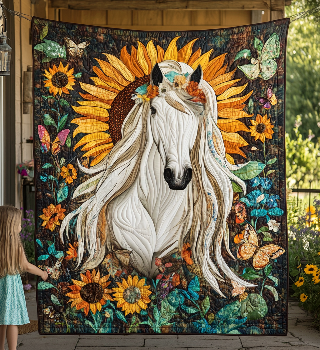 Weisses Pferd mit Sonnenblumen Kunst Wandbehang