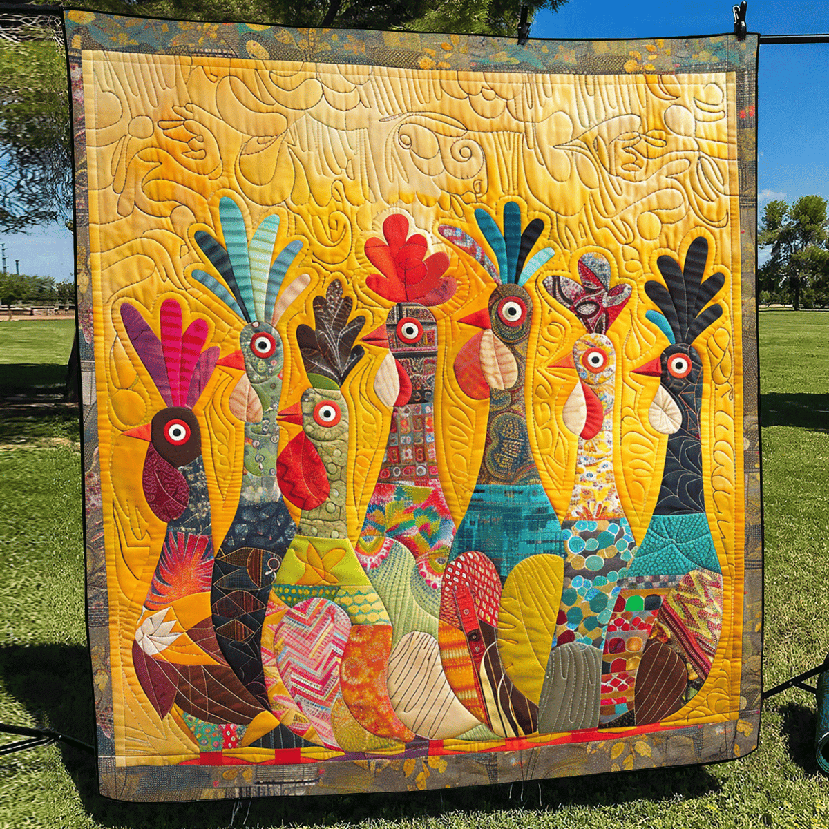 Farbenfrohe Hähne Kunst Wandbehang