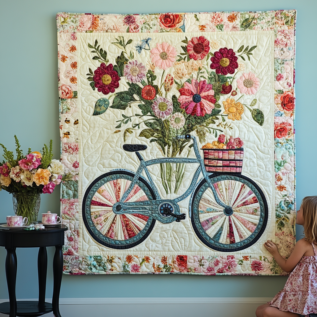 Fahrrad mit Blumenstrauss II Kunst Wandbehang