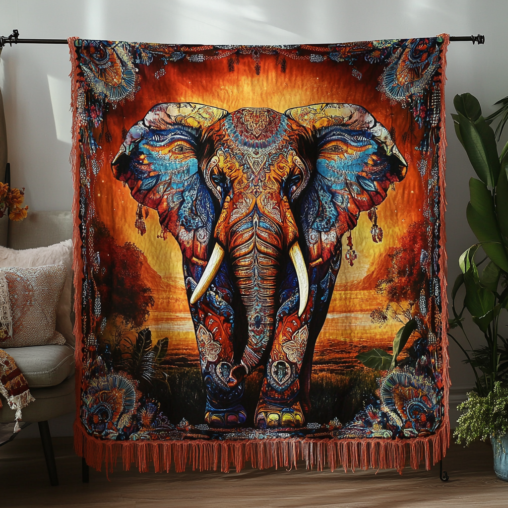 Elefant Feuerglut Mandala Gewebt Sofadecke
