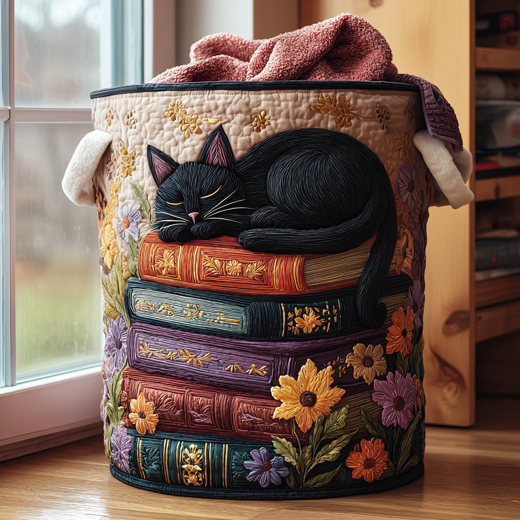 Schwarze Katze auf Büchern Wäschekorb