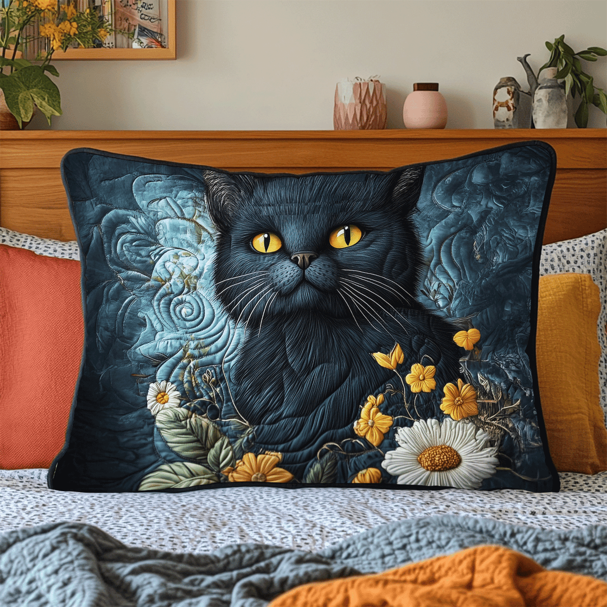 Schwarze Katze Margeriten Kissenbezug