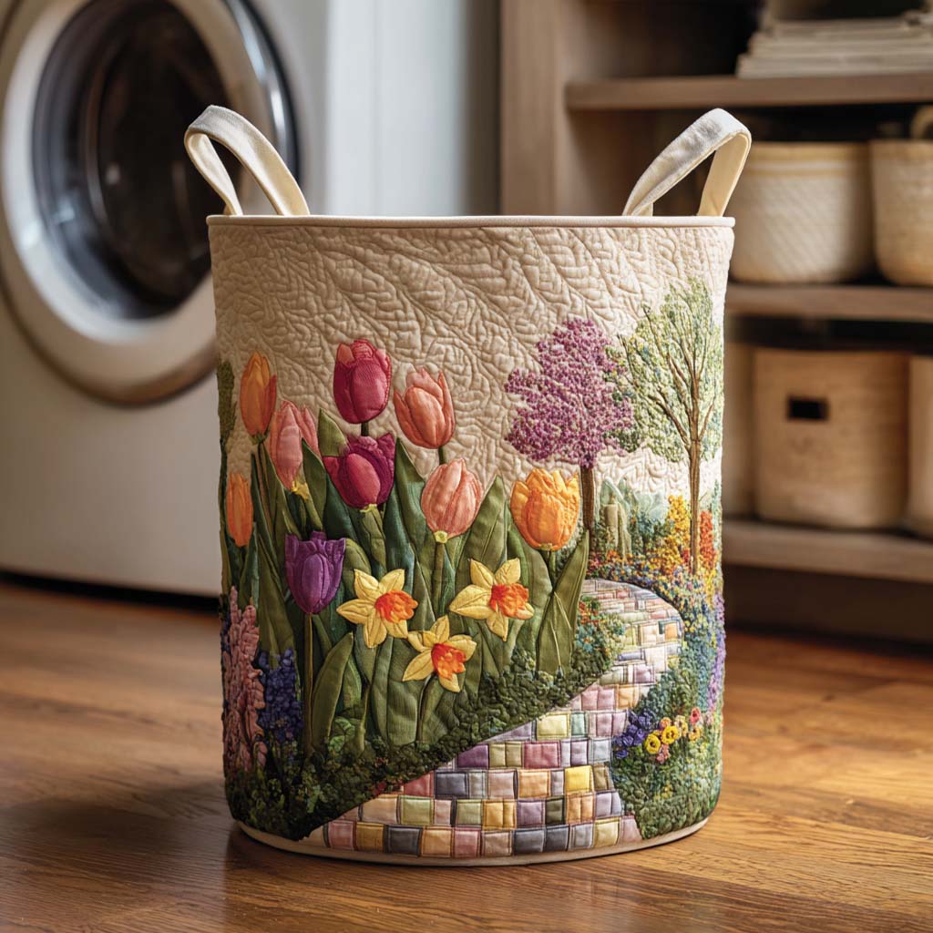 Frühlingspfad mit Tulpen Wäschekorb