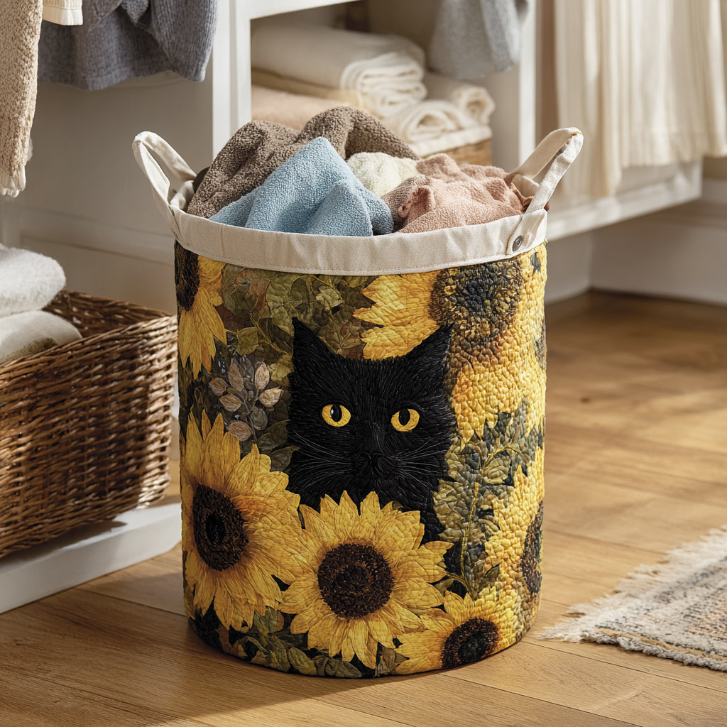 Schwarze Katze und Sonnenblumen Wäschekorb