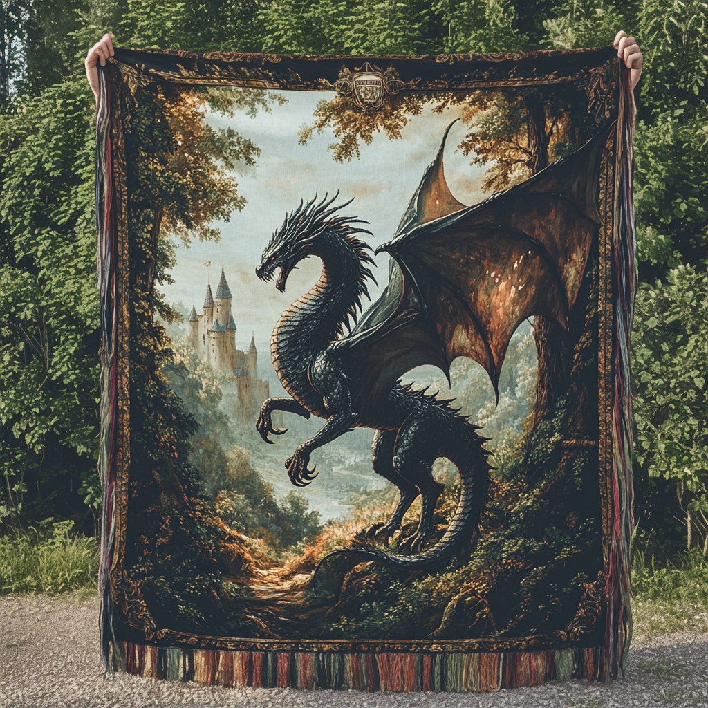Schwarzer Drache Waldwächter Gewebt Sofadecke
