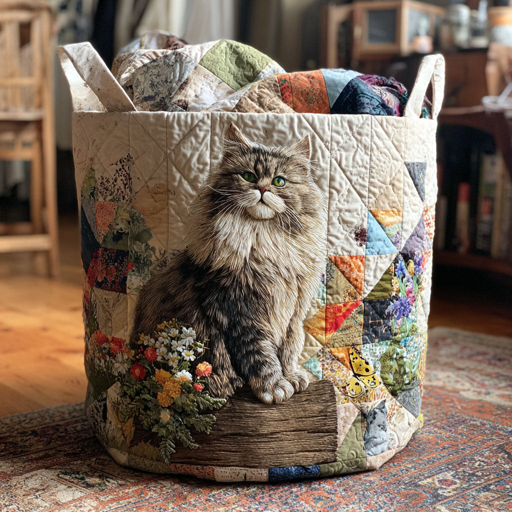 Graue Katze im Abenteuer Wäschekorb