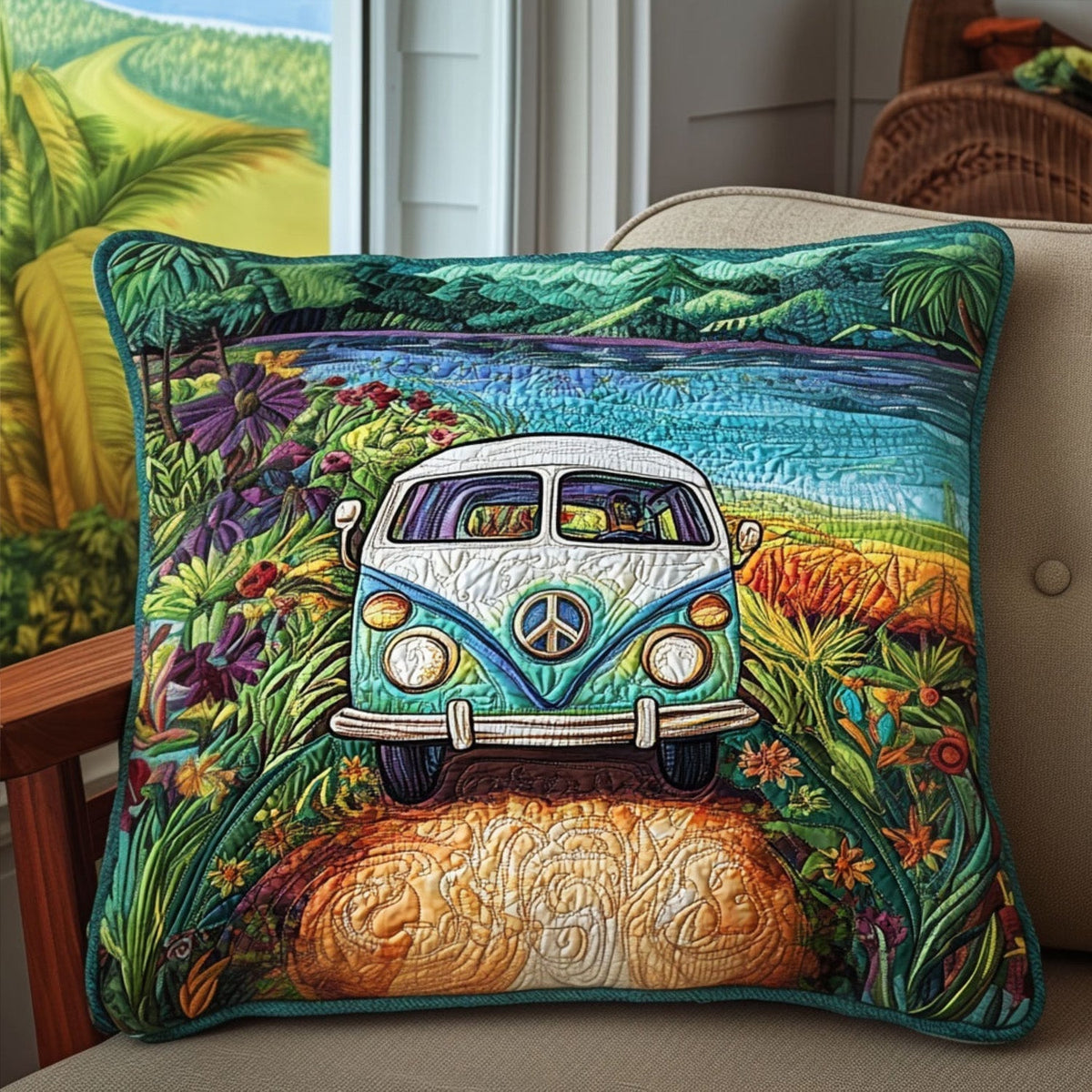 Hippiebus Landschaft Abenteuer Kissenbezug