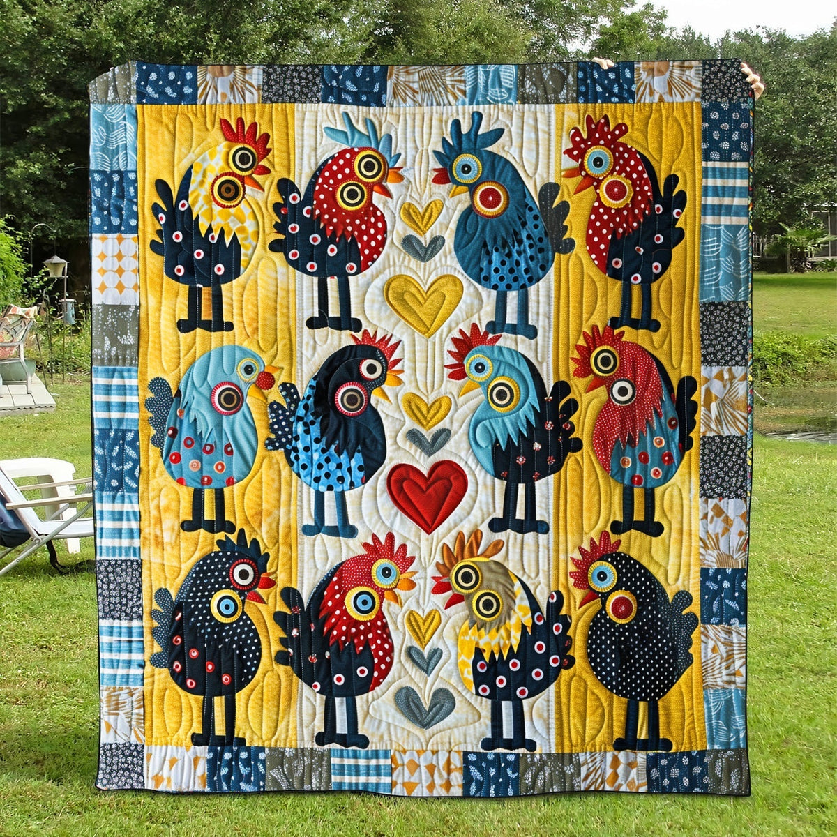 Bunte Hühner Patchwork Decke