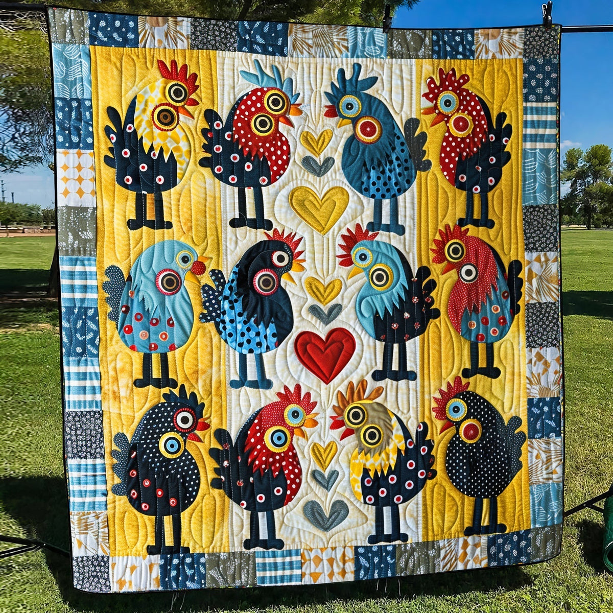 Bunte Hühner Patchwork Decke