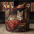 Getigerte Katze unter Büchern Wäschekorb
