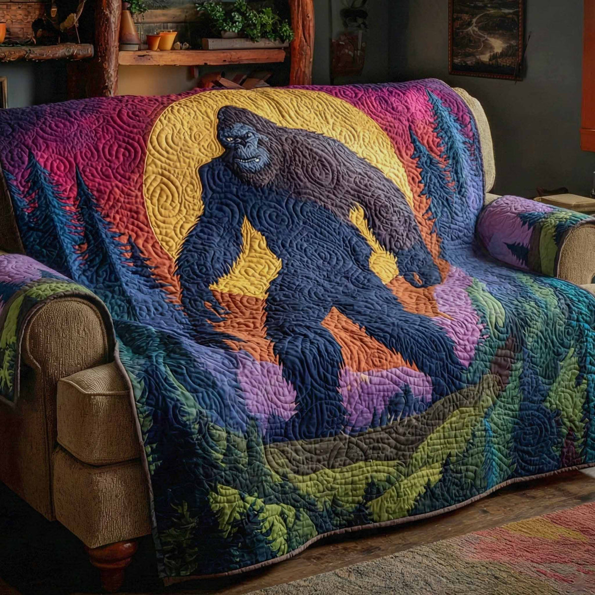 Bigfoot Lagerfeuer Mondnacht Sofaüberwurf
