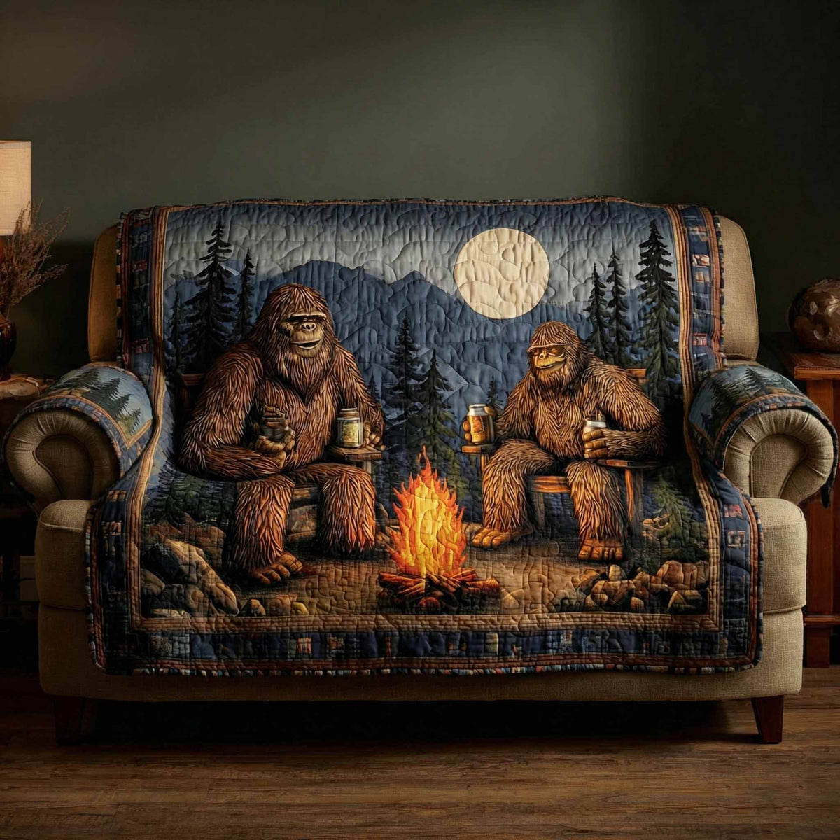 Bigfoot Lagerfeuer Mondnacht Sofaüberwurf