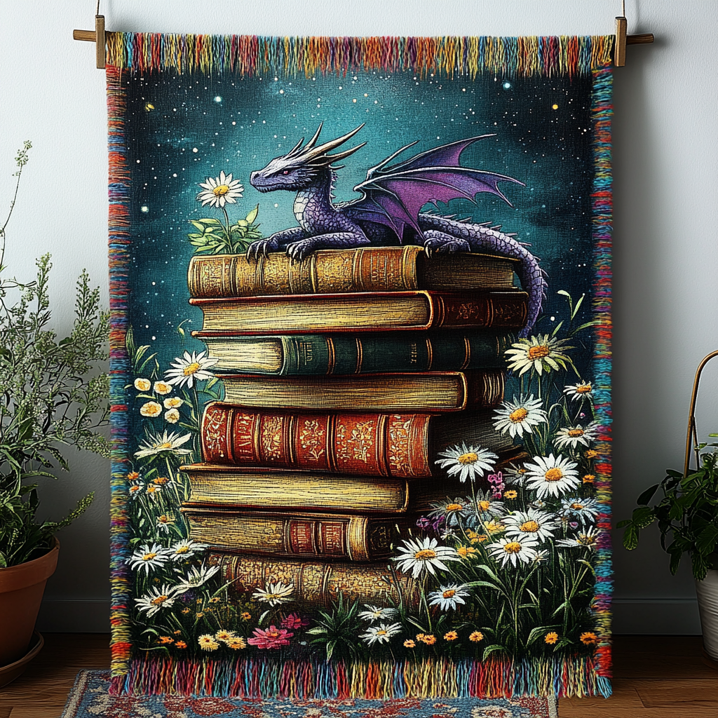 Drache Bücherstapel Margeriten Gewebt Sofadecke