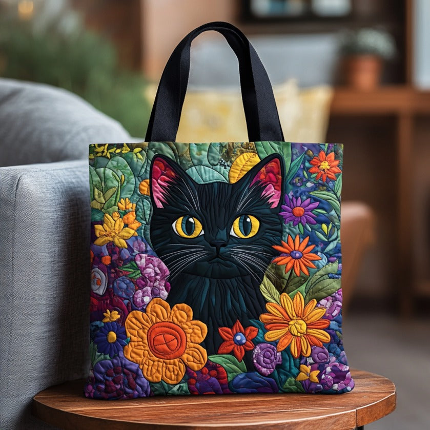 Handgemachte Tasche – Schwarze Katze unter Blumen