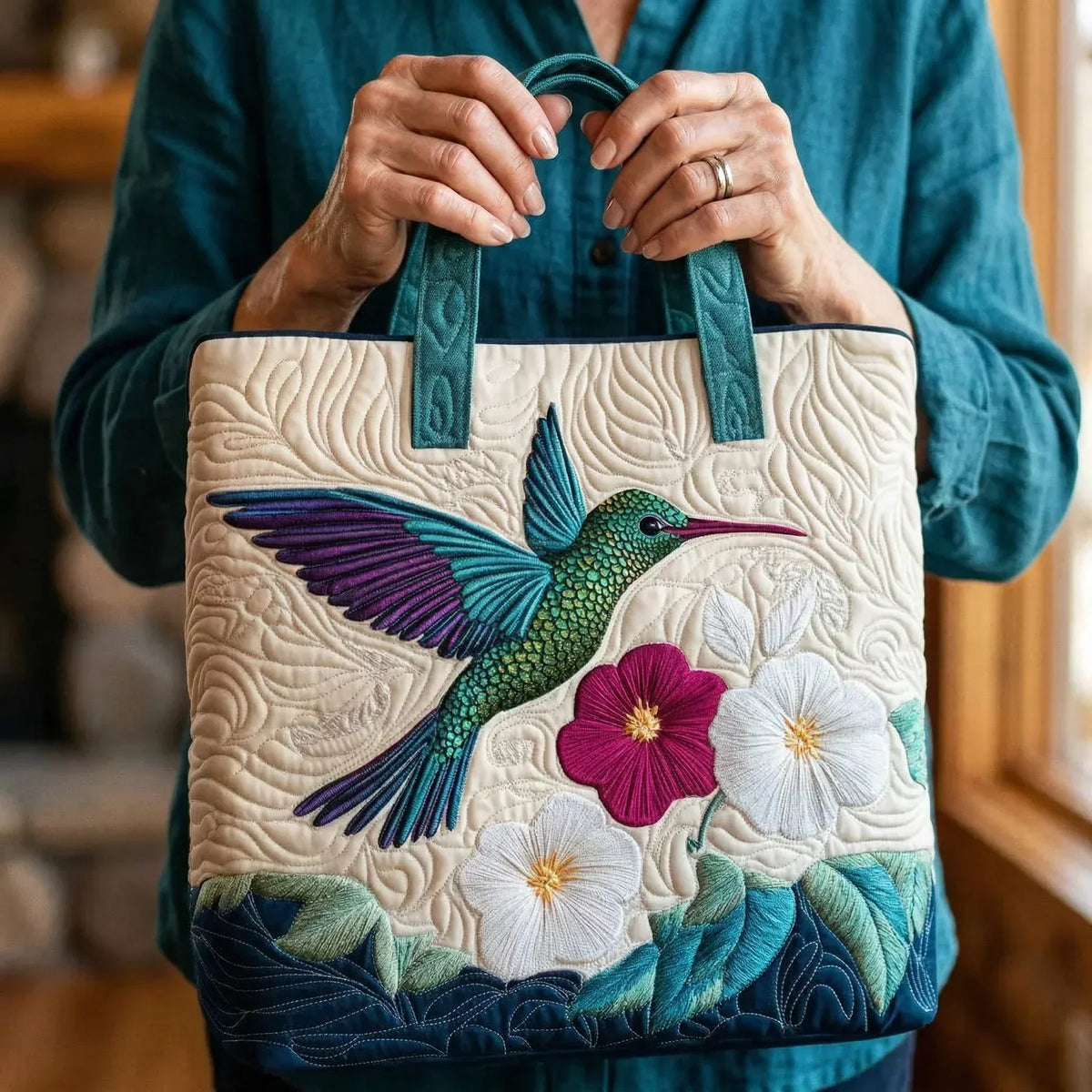 Handgemachte Tasche – Kolibri und Weisse Blume