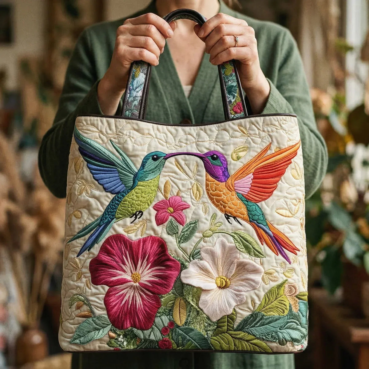 Handgemachte Tasche – Kolibri und Weisse Blumen