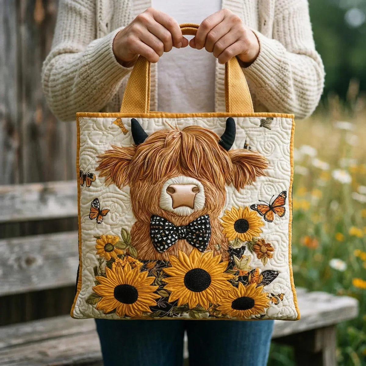 Handgemachte Tasche – Highland-Kuh mit Sonnenblumen