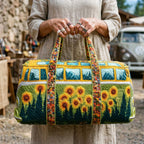Gesteppte Reisetasche als Retro-Bus mit Sonnenblumen in Gelb und Grün