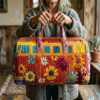 Gesteppte Reisetasche in Form eines bunten Hippie-Busses mit Peace-Zeichen