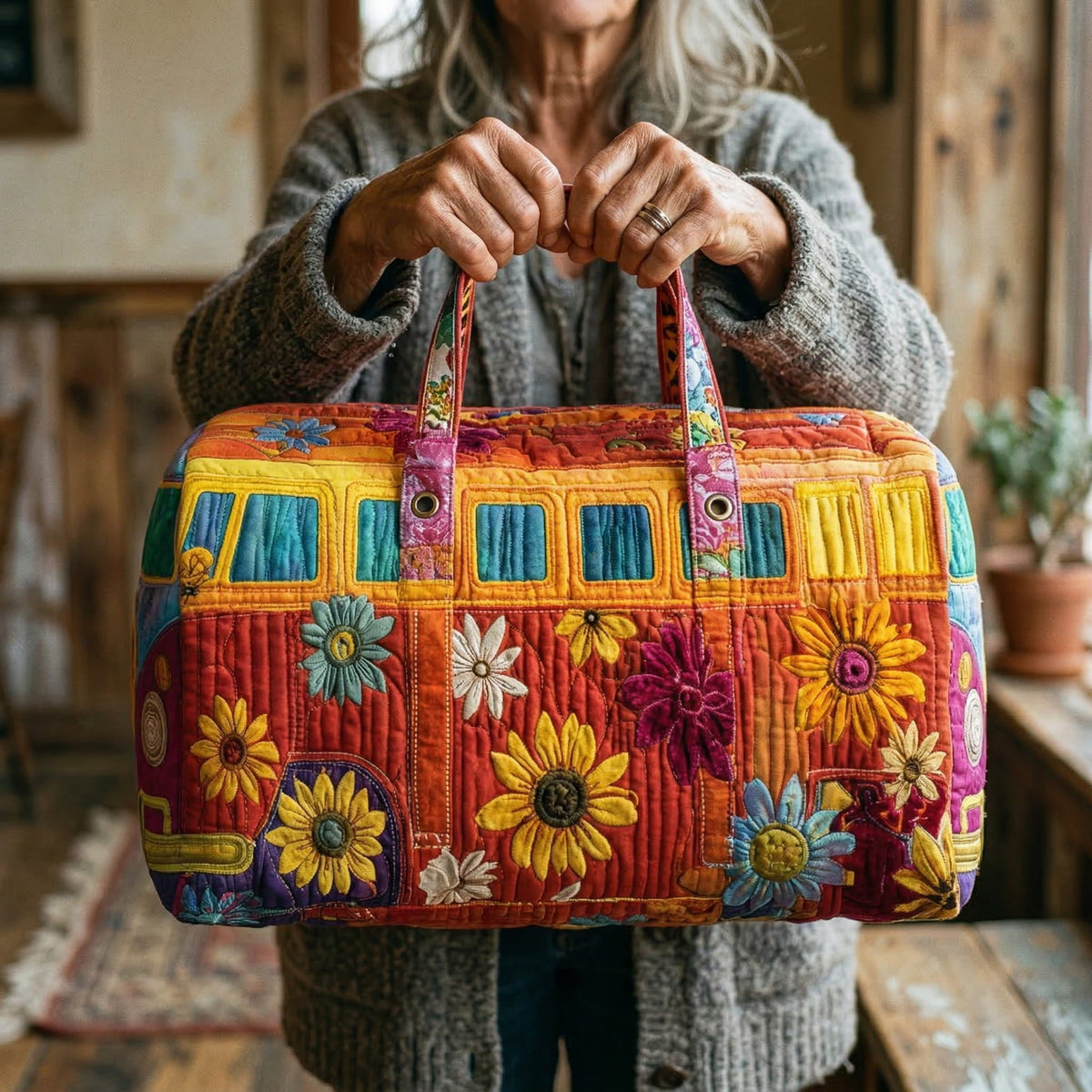 Gesteppte Reisetasche in Form eines bunten Hippie-Busses mit Peace-Zeichen