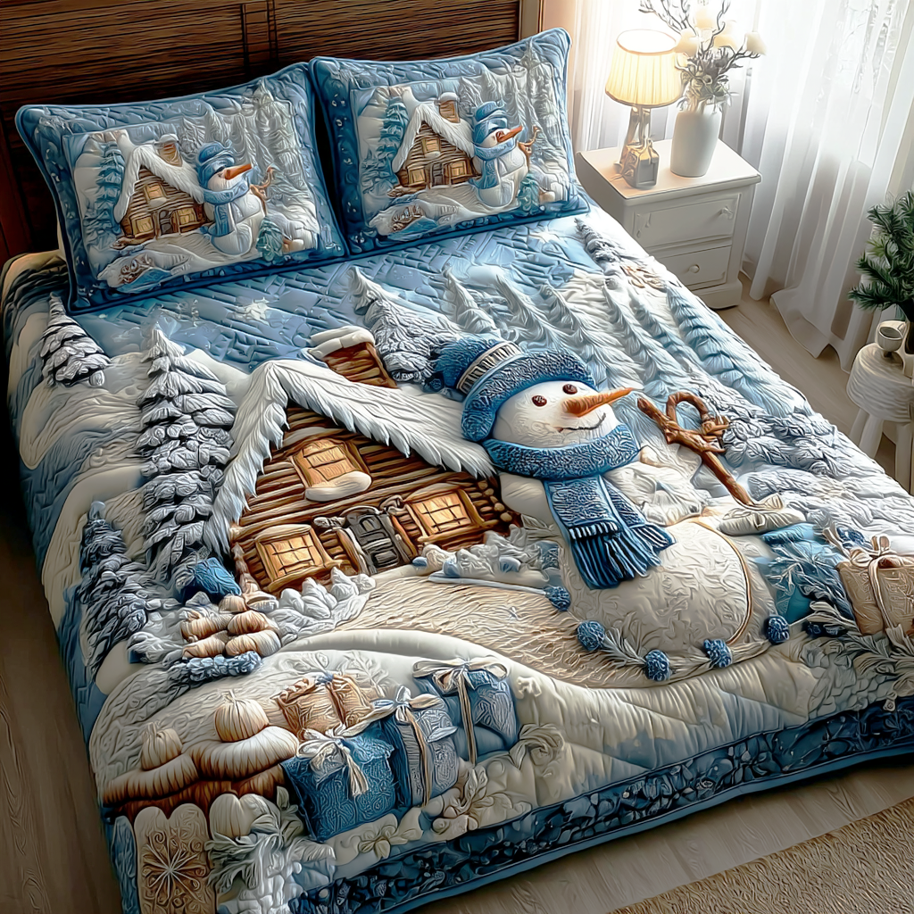 Schneemann Winterhütte Glühen 3-teiliges Bettwäsche-Set